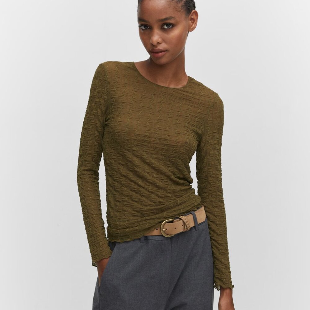 MANGO Long-sleeved t-shirt with ruffles Khaki Green XL